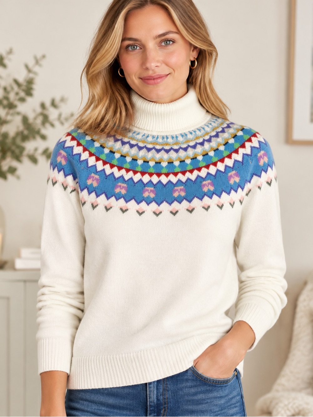L.L.Bean Women’s Turtleneck Sweater Cotton Cashmere Blend Fair Isle Pat